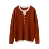 2025 Novo Outono e Inverno Malha de Cashmere Gola Redonda Manga Longa Feminina Color Block Botão Falso Peça Dupla Top Malha