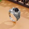 Joyería Única de Diseñador, Anillo de Moda Estilo Retro, Anillo Grueso Color Dorado para Hombre, Anillo Abierto de Dragón Negro de Plata Tailandesa