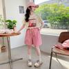 Traje deportivo para niña estilo coreano, nuevo estilo de verano para niños grandes, elegantes pantalones cortos de manga corta con flores y letras, moderno conjunto de dos piezas