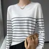 Camisa de punto ajustada con rayas sencillas, cuello redondo, elegante, camiseta de rayas finas, imitación de lana, de doble hebra, primavera y otoño, al por mayor, versátil, para mujer