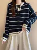 Suéter feminino listrado color-block estilo coreano, nova coleção outono/inverno 2026, modelagem solta, versátil, tricô casual