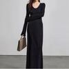 Abrigo francés de alta gama a juego, vestido de punto para mujer, otoño e invierno, interior ajustado, cuello en V, suéter morado, falda base