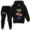 Sudadera con Estampado de Dibujos Animados Mario 2025 para Niños, Conjunto de Manga Larga, Primavera, Niños y Niñas, 2 Piezas Pantalón + Sudadera con Capucha