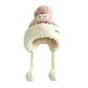 Chapéu de inverno infantil com abas para as orelhas, chapéu de lã tricotado forrado com fleece e espessado para meninas, design fofo com pompom, chapéu à prova de vento e quente para bebês