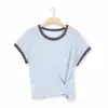 Top de tricô de seda gelada de manga curta e gola redonda bicolor para mulheres, novo estilo de verão, abotoado, acinturado, camisa curta slim fit