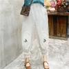Pantalones de Algodón y Lino Estilo Vintage para Mujer, Pantalones Harem de Encaje Bordado Sueltos Cortos de Verano, Pantalones de Zanahoria Linterna