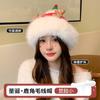 Gorro rojo navideño con astas para mujer, cálido gorro de lana gruesa con bufanda de invierno y protección para los oídos, gorro de punto resistente al frío.