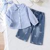 Suministro Exclusivo Transfronterizo Conjunto de Dos Piezas para Bebés y Niñas Estilo Europeo y Americano Primavera y Otoño Camisa de Manga Larga a Rayas + Pantalones Largos de Mezclilla