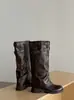 Botas Largas de Moda para Mujer 2026 con Pliegues y Hebilla de Cinturón, Tacón Grueso, Punta Cuadrada, Estilo Motero, Negro