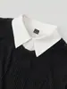 Estilo Casual Europeo y Americano Top para Mujer Suéter Negro de Punto con Cuello de Camisa Blanco Patchwork Falso Dos Piezas Top en Capas