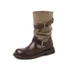 Botas Martin de Bloques de Color con Hebilla Estilo Blogger 2026 Tacón Bajo Grueso Patchwork de Gamuza Punta Redonda Botines Talla 40-42 Tallas Grandes