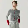 Cardigã de malha de cashmere feminino com blocos de cor estilo francês, solto e emagrecedor, com gola redonda e punhos em blocos de cor, em estilo inspirado em Chanel