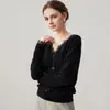 Suéter de cachemira para mujer con ribete de encaje francés, elegante y chic, color liso, de manga larga, sin capucha, perfecto como capa base