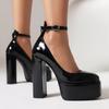 Zapatos de Salón de Charol con Punta Redonda de Moda Europea y Americana 2025 con Hebilla, Plataforma, Tacón Alto Grueso y Zapatos de Comercio Exterior