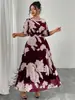 Vestido Largo de Chifón Elegante para Mujer Talla Grande de Primavera/Verano con Cuello Redondo, Mangas de Campana Fruncidas, Corte Entallado y Caída