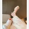 Sandálias Elegantes Estilo Francês com Tiras Finas Estilo Fada Salto Grosso para Mulheres, Sandálias de Verão com Bico Quadrado Afinando Salto Médio