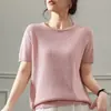 Tricô de Gola Redonda com Manga Curta, Cor Sólida, Pulôver Solto, Camiseta Base Nova Primavera/Verão 2026 de Tencel e Linho para Mulheres