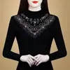 Camiseta Base Cálida Ajustada con Pedrería y Cuello Medio Alto Transfronteriza 2025 Invierno Nuevo Top de Moda Talla Extra para Mamás