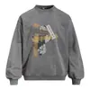 Moletom com Estampa de Fragmentos e Tie-Dye Desgastado Masculino Estilo Primavera/Outono Marca Americana Tendência Blusa de Moletom Solta com Gola Redonda