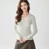 Suéter 100% Caxemira Pura Feminino Gola Polo Canelado Fino Quente Camada Interna Emagrecedor Camada Base Tricô