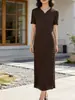 Vestido de Verano 2026 Estilo Nuevo Cuello en V Color Sólido Holgado Sencillo Moda Elegante Versátil Adelgazante Línea A Vestido Adelgazante Miyake