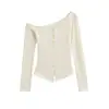 Camiseta de Encaje Patchwork de un Solo Hombro Pure Desire de Manga Larga, Nueva Elegante Camiseta Básica Ajustada con Dobladillo Irregular para Primavera