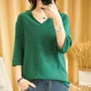 26 Nuevo Estilo de Primavera Camiseta de Punto de Algodón Puro Suéter Manga Media Cuello en V Color Sólido Delgado Versátil Manga Tres Cuartos Camiseta Básica para Mujer
