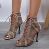 Transfronteiriço Europeu e Americano 2023 Nova Malha Preta Camurça Moda Alça Cruzada Sexy Sandálias de Salto Alto Tamanho Grande Sapatos Femininos Atacado
