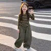 Conjunto Infantil Feminino Retrô Listrado Manga Longa Camada Base Outono Crianças Maiores Roupa de Trabalho Calça de Pernas Largas Conjunto Casual de Duas Peças