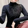 2025 Camiseta de Malha com Strass e Gola Meia-alta Base Popular da Internet Manga Longa Feminina Primavera e Outono Slim-fit Estilosa