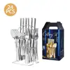 Conjunto de 24 peças de talheres de aço inoxidável para pendurar, conjunto em caixa de presente, conjunto de talheres estilo ocidental: faca de bife, garfo, colher
