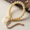 Pulsera de Raíz de Bodhi de Jade Blanco, Material Similar al Jade, Amarillo Cremoso, de una Sola Vuelta Envolvente, Suave para Hombres y Mujeres, para Jugar y Coleccionar, Pulsera de Cuentas de Oración Budista, Mayoreo