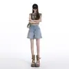 Estilo Coreano Simple Denim Elástico en Cuatro Direcciones Pantalones Cortos Calientes Nuevos Versátiles Sueltos de Pierna Recta Capris Azul Claro Blanco Yi Chun