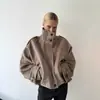 Abrigo de Lana Suelto Corto Elegante para Mujer Otoño Invierno Nuevo Cuello Alto Cuello Mao Hombreras Botonadura Simple Ropa de Abrigo