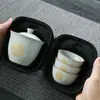Conjunto Portátil de Cerâmica para Chá Rápido de Viagem, Um Bule e Três Xícaras, Conjunto de Chá Kung Fu Ru Kiln para Preparo de Chá ao Ar Livre, Presente de Negócios, Celadon