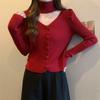 Puro deseo cuello en V adelgazante manga abullonada suéter interior top halter mujer primavera nuevo elegante rojo suéter moda