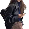 Jaqueta de couro feminina Dongdaemun coreana, curta estilo americano vintage, jaqueta de couro biker de alta qualidade para outono e inverno