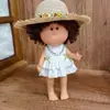[Solo Ropa] Ropa para Muñeco de Papa Español de 24 cm Algodón Lazo Verde Vestido Blanco Conjunto de Sombrero de Paja con Piedras