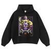 Sudadera con capucha y estampado de dibujos animados desgastada, negro lavado retro americano, moderna, estilo anime, sudadera de cuello redondo sin cierre