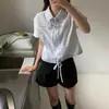 Chique Coreano Verão Listras Bolha Manga Curta Botão Único Gravata Camisa Blusa Novo Estilo Coreano Moda Feminina