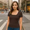 Camiseta cuadrada de manga corta transfronteriza para mujer, nuevo estilo básico casual simple, camiseta cuadrada de color liso estampada