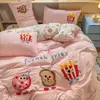 Juego de Ropa de Cama de Cuatro Piezas Bordado de Dibujos Animados Clase A, Sábana de Algodón Puro, Funda de Edredón, Funda de Colcha para Dormitorio, Juego de Tres Piezas, Sábana Ajustable 4