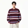 Suéter de Punto Texturizado a Bloques de Color Rayado Estilo Retro Americano para Hombre, Otoño Estilo Perezoso Sensación Holgada Suéter de Punto de Cuello Redondo para Parejas