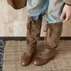 Botas de Cano Alto Patchwork Retrô Francês para Mulheres 2026 Novas Bico Redondo Salto Grosso Bota de Cavaleiro com Laço Botas Amassadas Empilhadas