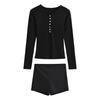Ins Tendência Europeia e Americana Camiseta de Manga Longa Meio Aberta Feminina Outono Novo Garota Popular Slim Fit Shorts Casuais Conjunto de Duas Peças Atacado