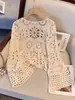 Cárdigan de Encaje Hueco con Cordones de Punto para Mujer Verano Nuevo Bohemio Vacaciones Manga Larga Chal Top AL202