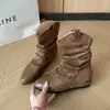 Botas Leves de Personalidade Outono e Inverno Cano Alto Estilosas Estilo Western Salto Escondido Enrugado 5cm Estilo Retrô Empilhadas Femininas