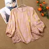 Nuevo Top Hueco Estilo Chino para Mujer, Blusa de Manga Tres Cuartos Estilo Nacional, Camiseta Bordada Retro Suelta y Adelgazante para Mujer en Verano