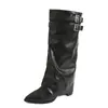 Botas de moto transfronteiriças, bico fino, botas estilosas acima do joelho, moda europeia e americana, efeito emagrecedor, de salto grosso, botas longas elegantes