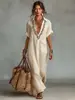 Primavera/Verano 2026 Estación Independiente de Amazon Nuevo Vestido Casual de Algodón y Lino con Bolsillo Bordado para Mujer, Holgado, Cuello Solapa